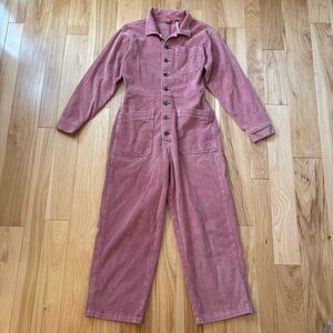 Free People Outpost Corduroy Muted Pink Button Front Long Sleeve Jumpsuit